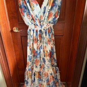 Chicwish Floral Pleated Maxi Dress in Blue and Red